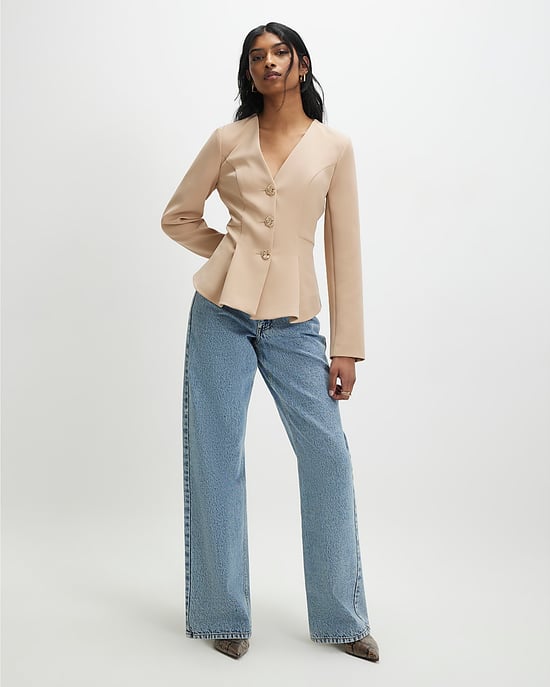 River Island Womens Jacket Beige Long Sleeve Pleated V-Neck - Image 2