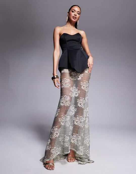 ASOS DESIGN Premium moulded dress with lace maxi skirt in black scuba-style fabric - Image 1