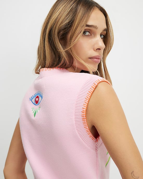 River Island Womens Tank Top Pink Knitted Palm Tree Embroidered - Image 4