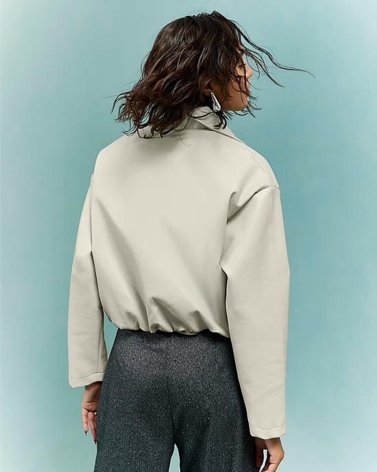 River Island Womens Bomber Jacket Cream Faux Leather Bubble Hem - Image 3