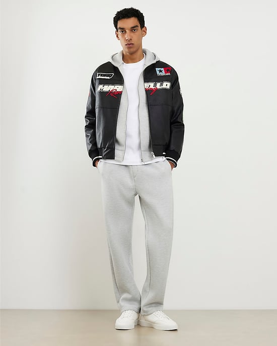 River Island Mens Bomber Jacket Black Faux Leather Motocross - Image 3