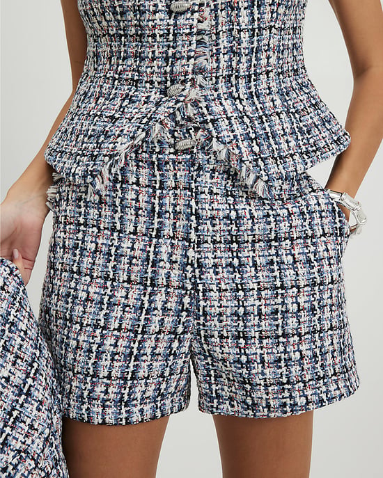 River Island Womens Shorts Blue Boucle Fringed Trim Zip - Image 1