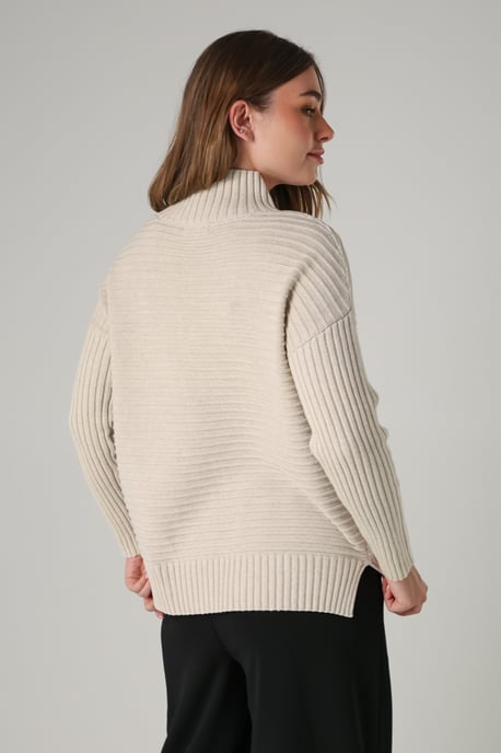 Beige Cotton Ribbed Knit High Neck Jumper - Image 2