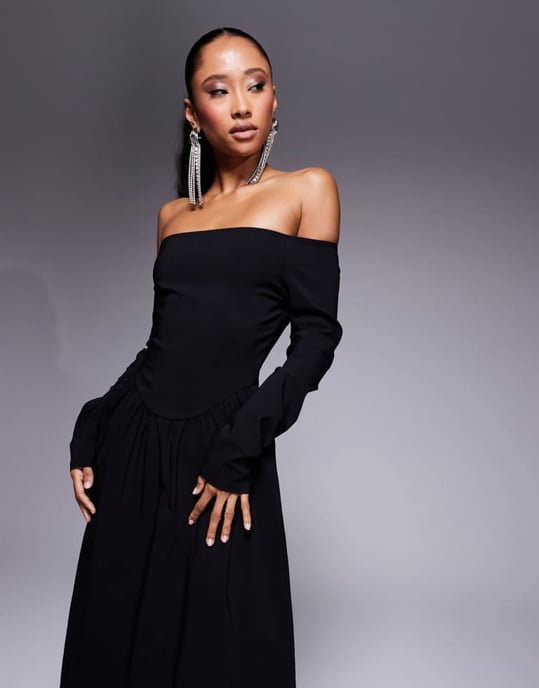 ASOS DESIGN bengaline long sleeve bardot midi dress in black - Image 3
