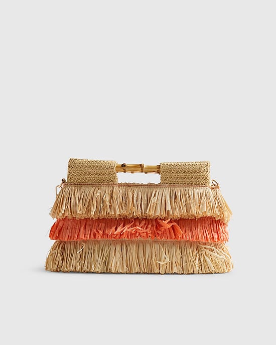 River Island Womens Clutch Bag Orange Stripe Raffia Handle Popper - Image 2