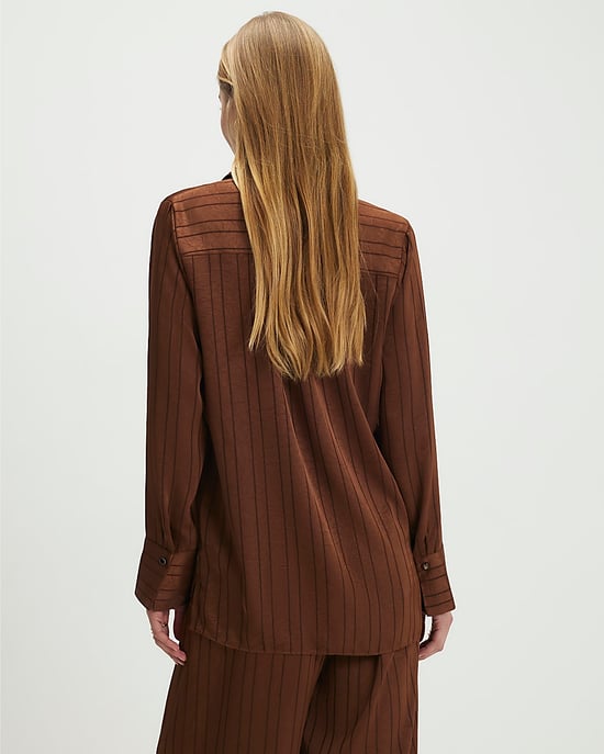 River Island Womens Blouse Brown Satin Striped Crinkle Long Sleeve - Image 2