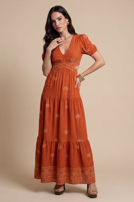 Open Back Tirered Maxi Dress Rust Pattern - Image 2