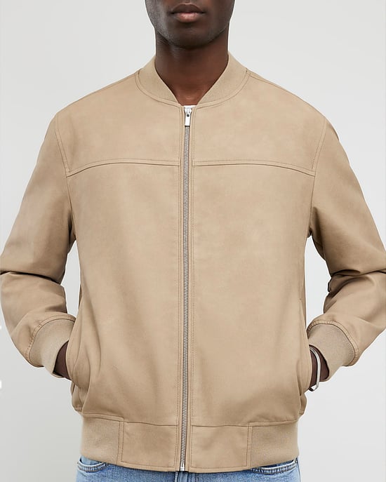 River Island Mens Bomber Jacket Beige Faux Leather Long Sleeve - Image 2