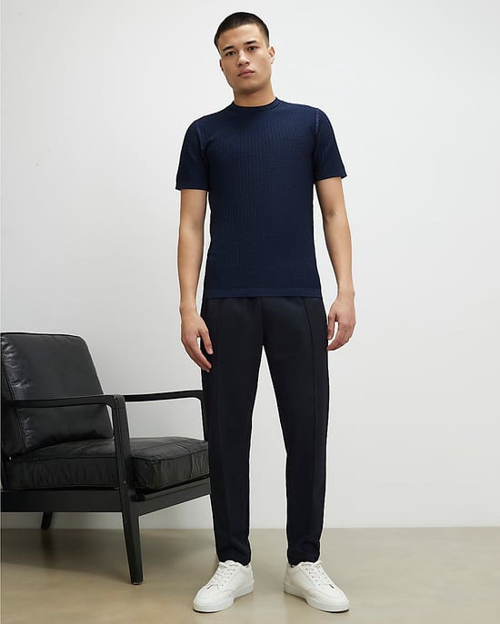 River Island Mens T-Shirt Navy Muscle Fit Zig Zag Textured - Image 3