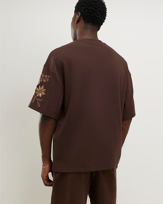 River Island Mens T-Shirt Brown Oversized Fit Floral Crew Neck - Image 3