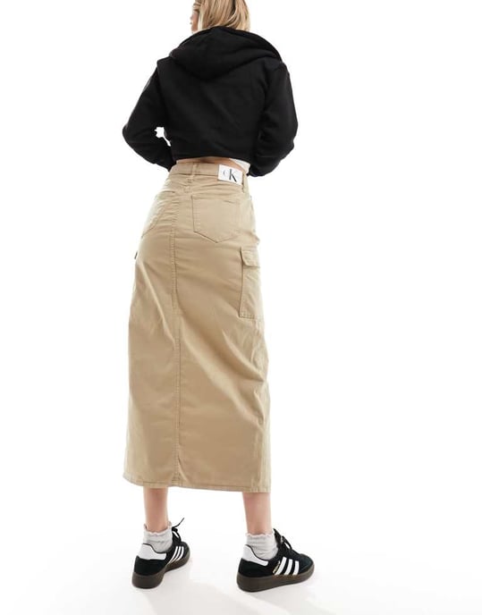 Calvin Klein Jeans maxikjol i denim med framsplit i beige - Image 3