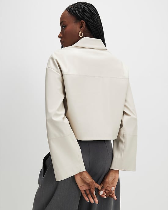 River Island Womens Overshirt Cream Faux Leather Cropped - Image 3