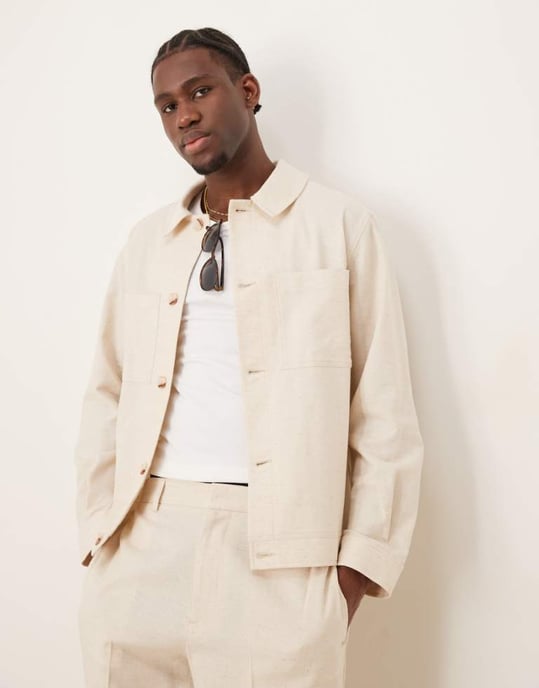 ASOS DESIGN cotton smart co-ord shacket in stone - Image 1