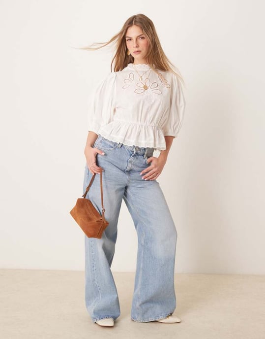 Gina Tricot puff sleeve blouse top with embroidered cutwork front bodice detail in white - Image 2