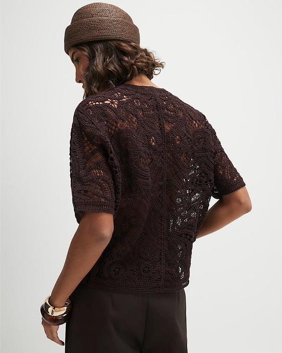River Island Womens Cardigan Brown Crochet Short Sleeve V-Neck - Image 4