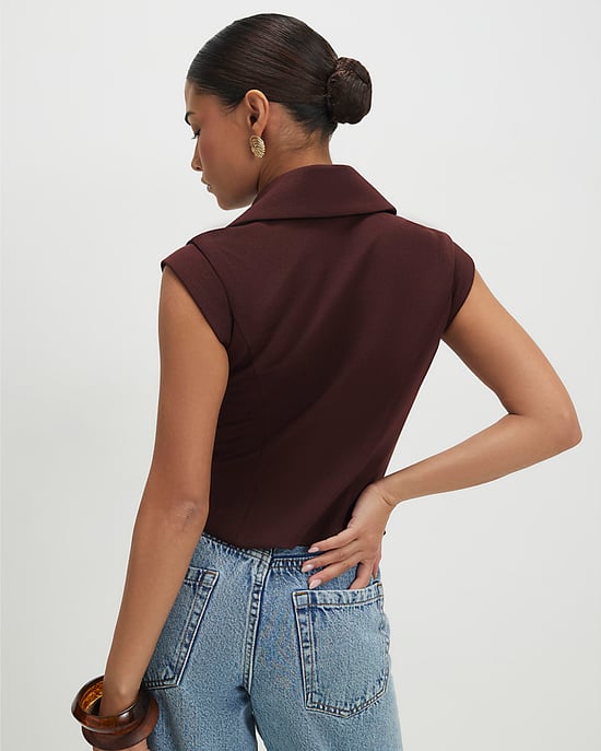 River Island Womens Waistcoat Petite Brown Cap Sleeve Twill - Image 3