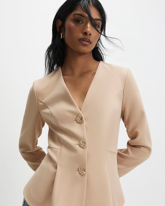 River Island Womens Jacket Beige Long Sleeve Pleated V-Neck - Image 4