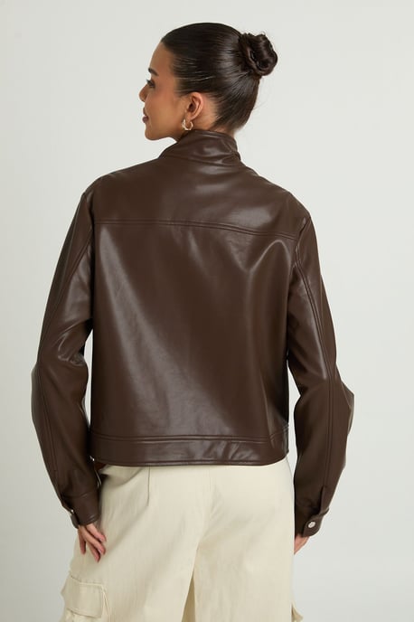 Faux Leather Button Up Collar Zip Pocket Jacket - Image 2