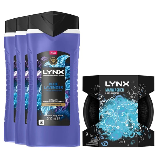 Lynx Blue Lavender Body Wash 3x 400ml with 2-Sided Manwasher Shower Tool for Men - Image 1