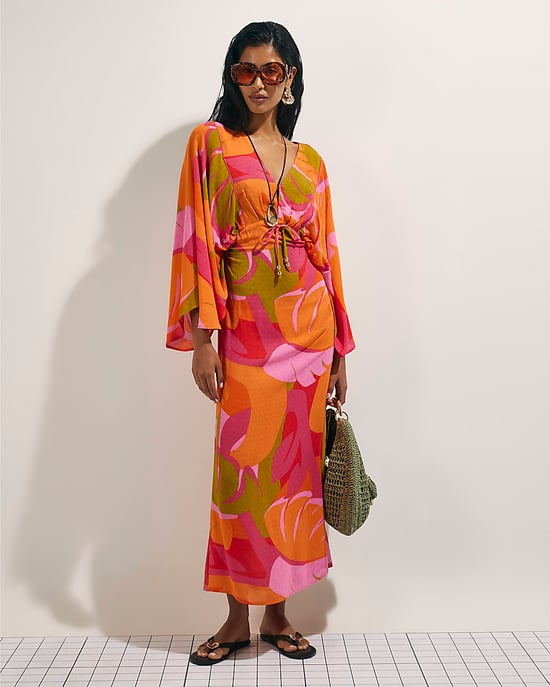 River Island Womens Kaftan Dress Pink Leaf Print Long Sleeve V-Neck - Image 2