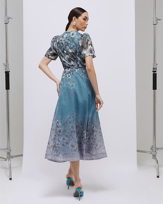 River Island Womens Midi Dress Blue Floral 3D Corsage Short Sleeve - Image 4