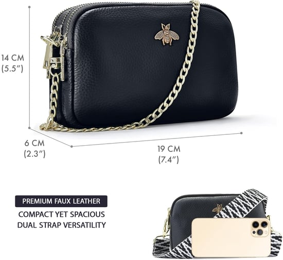 Ladies Crossbody Bag With Wide Strap, Chain And Wristlet in Black - Image 4