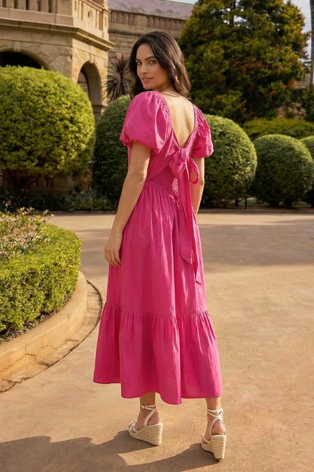 Dusk Cotton Pleated Puff Midi Dress - Image 3
