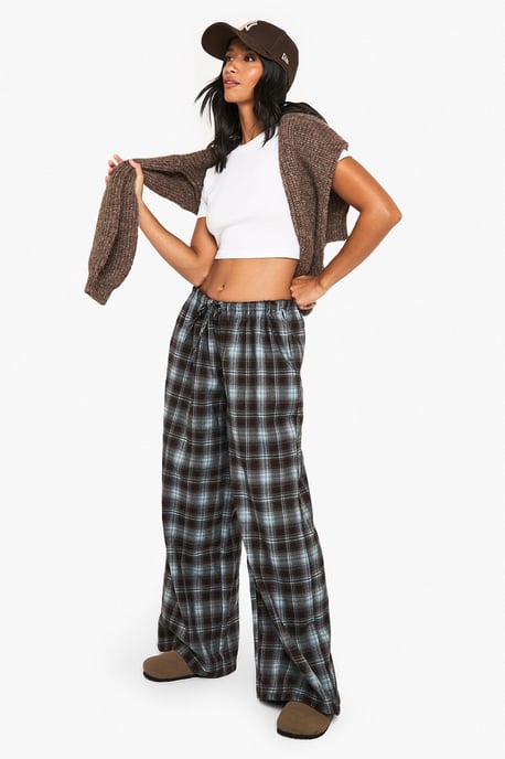 Petite Check Wide leg Drawcord Waist Trousers - Image 1
