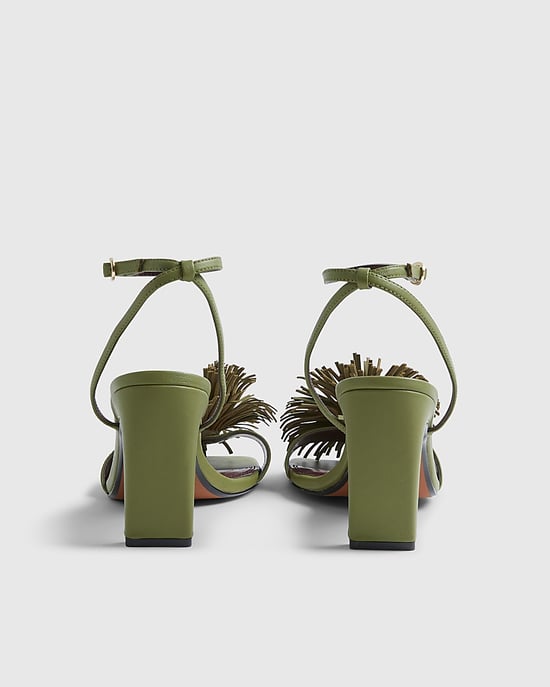 River Island Womens Heeled Sandal Green RI Studio Leather Pom Buckle - Image 3