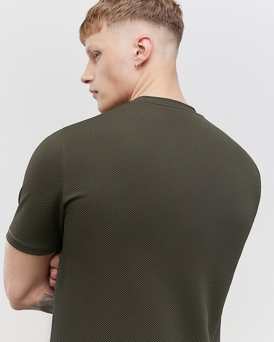 River Island Mens T-Shirt Khaki Slim Fit Textured Ame Saint - Image 3