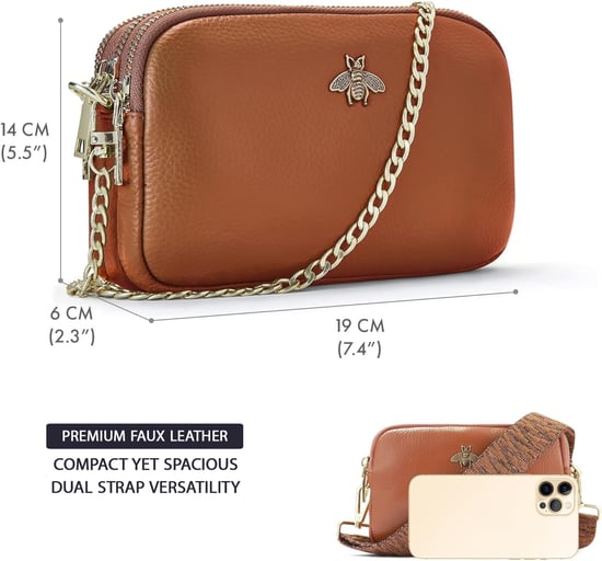 Ladies Crossbody Bag With Wide Strap, Chain And Wristlet in Brown - Image 3