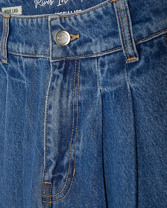 River Island Womens Wide Leg Jeans Blue Pleated Cargo Pocket - Image 5
