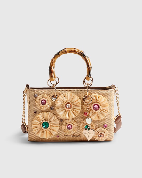 River Island Womens Tote Bag Beige Raffia Gem Flower Popper - Image 4