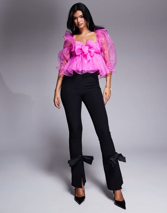 ASOS LUXE organza babydoll top with bow details in hot pink - Image 2