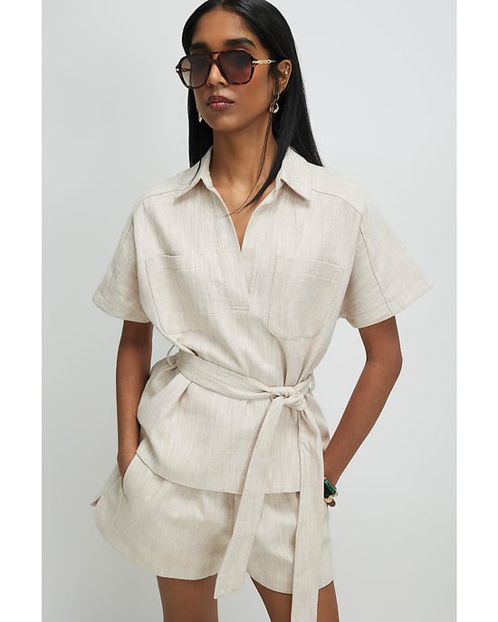 River Island Womens Top Cream Linen Look Belted Short Sleeve - Image 2