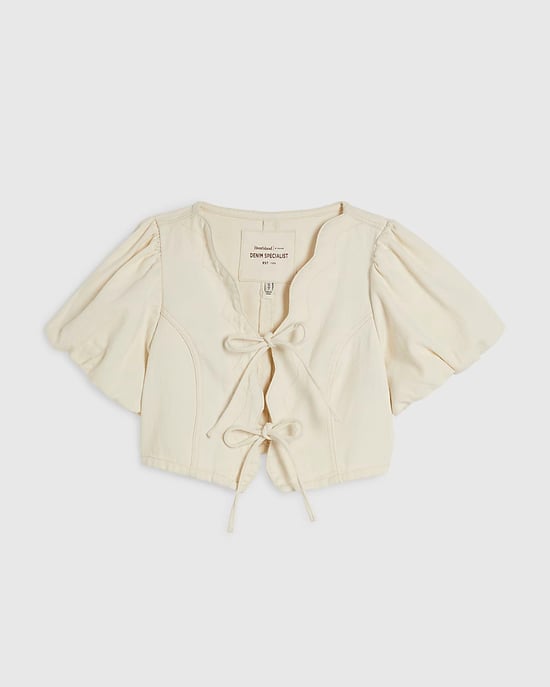 River Island Womens Top Cream Tie Front Puff Sleeve Denim Tie Front - Image 6