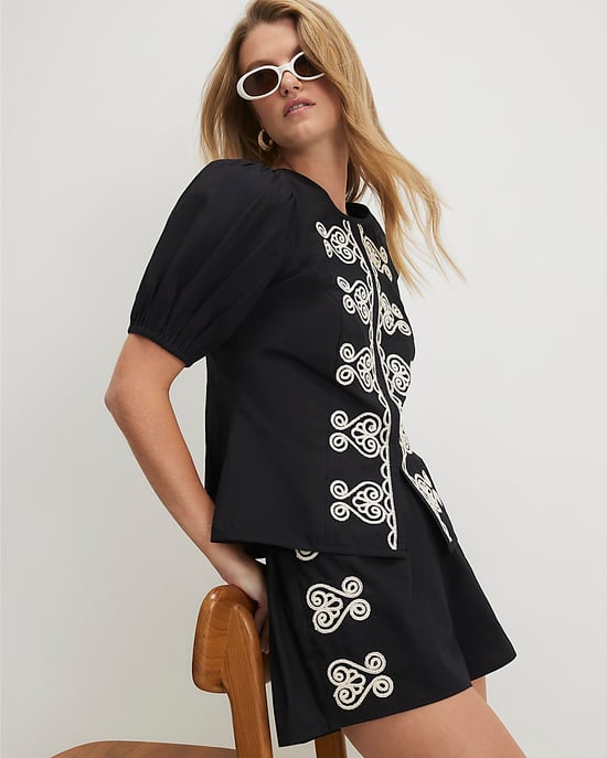 River Island Womens Shorts Black Poplin Fabric Embroidered Elasticated - Image 3