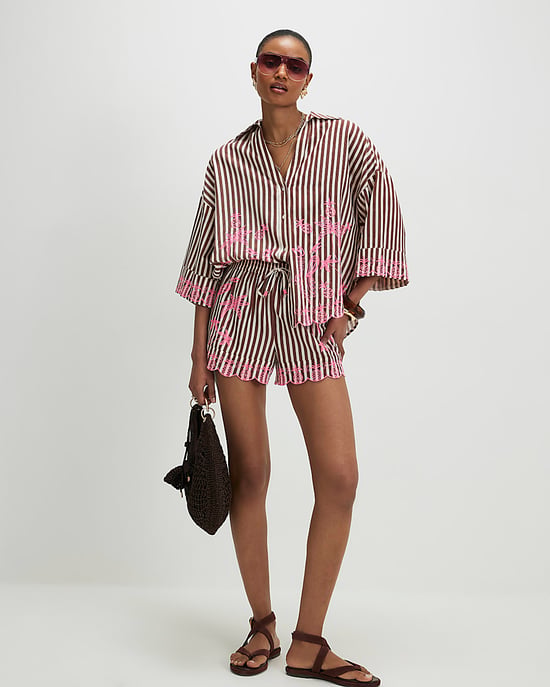 River Island Womens Shirt Brown Cotton Blend Stripe Toucan - Image 2