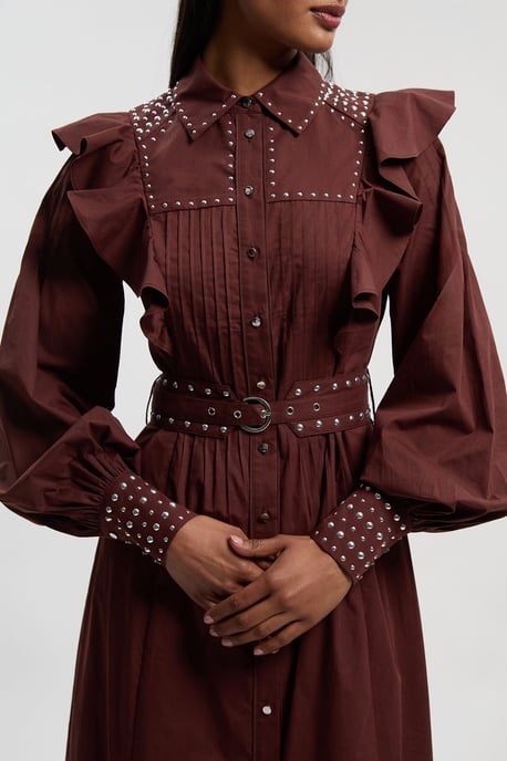 Cotton Sateen Drama Sleeve Studded Woven Maxi Shirt Dress - Image 3