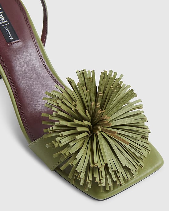River Island Womens Heeled Sandal Green RI Studio Leather Pom Buckle - Image 4