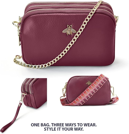 Ladies Crossbody Bag With Wide Strap, Chain And Wristlet in Burgundy - Image 4