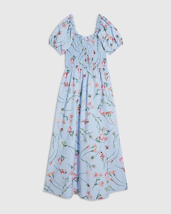 River Island Womens Midi Dress Blue Cotton Floral Shirred Short Sleeve - Image 6