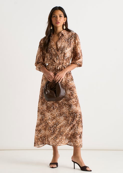 Brown Animal Printed Shirt Midi Dress - Image 1
