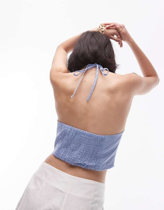 Topshop micro check corsage halter top in blue - Image 4