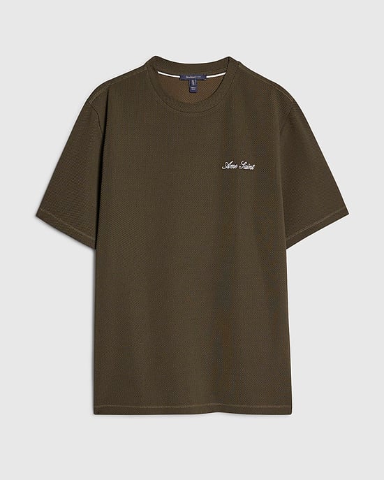River Island Mens T-Shirt Khaki Slim Fit Textured Ame Saint - Image 6