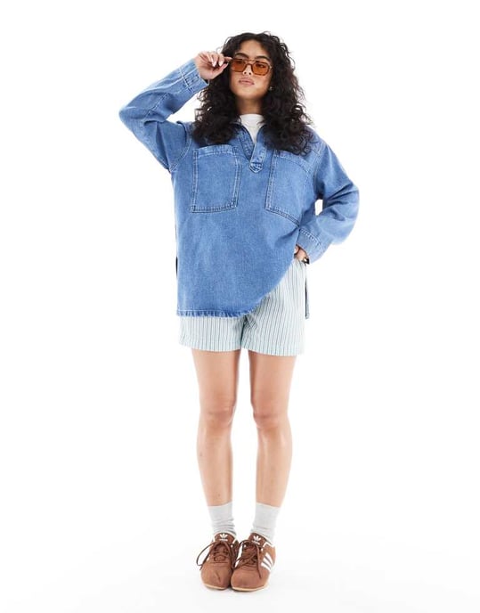 ASOS DESIGN denim rugby top in lightwash blue - Image 4