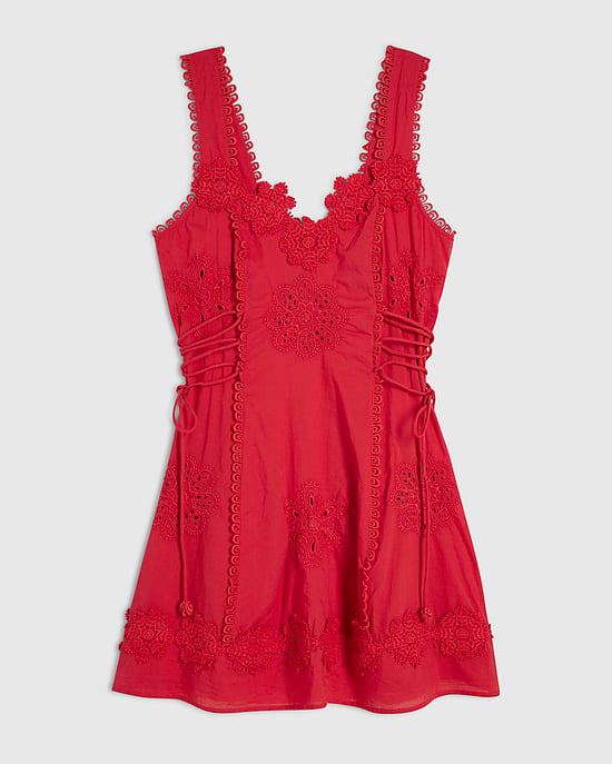 River Island Womens Mini Dress Red Cotton Embroidered V-Neck Zip - Image 6