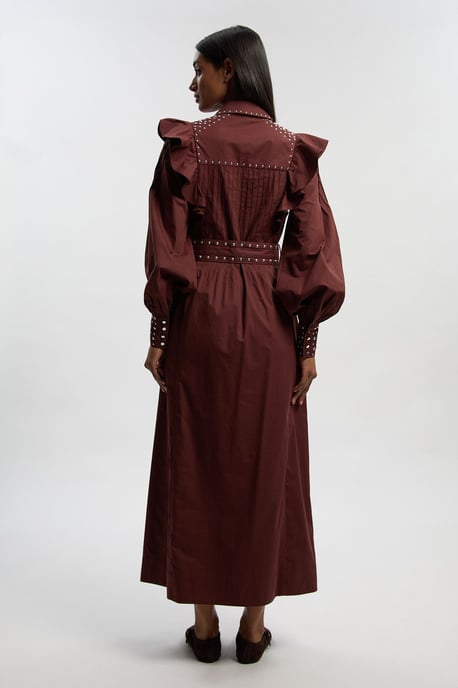 Cotton Sateen Drama Sleeve Studded Woven Maxi Shirt Dress - Image 4
