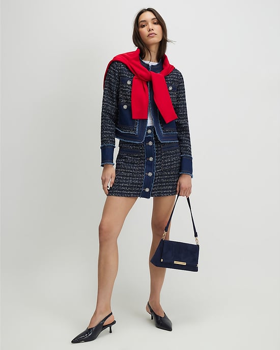 River Island Womens Denim Jacket Blue Boucle Fabric Collarless - Image 2