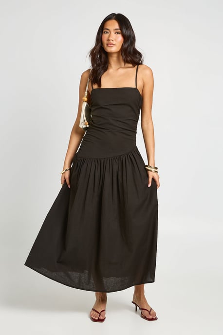 Linen Ruched Drop Hem Midi Skater Dress - Image 3